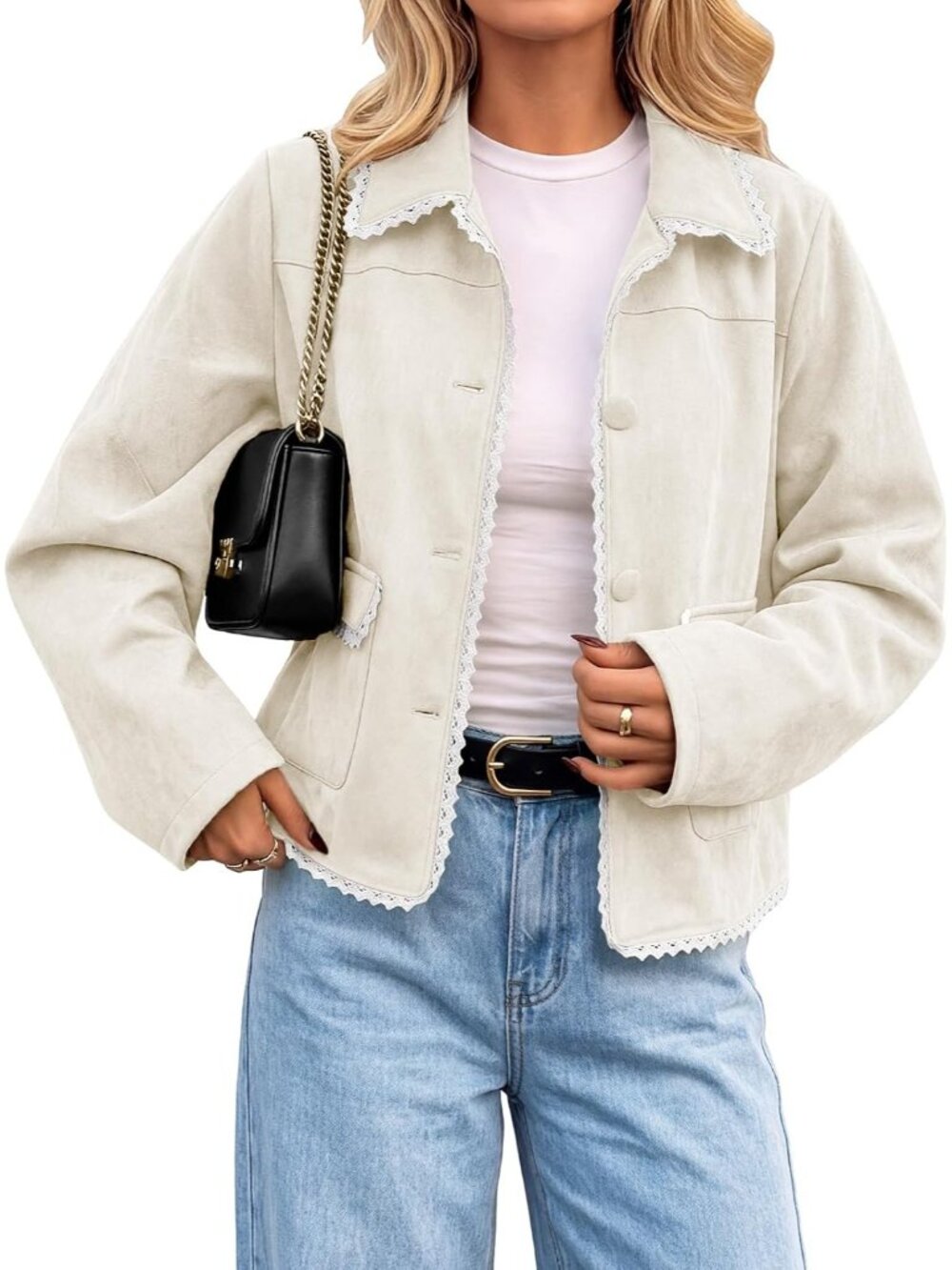 Women's Off White Faux Suede Button Down Jacket Vintage Lace Trim Casual Coat
